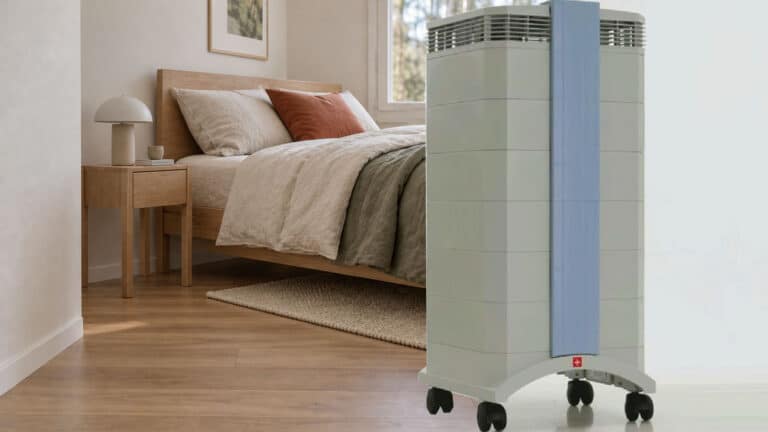 Partly AI-generated image of a bedrom with super imposed image of an air purifier