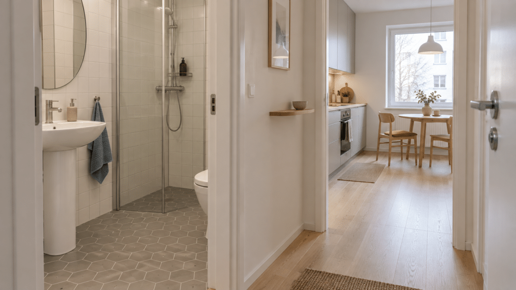 AI-generated image of a bathroom in connection with a kitchen
