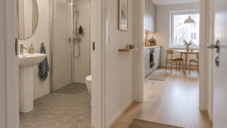 AI-generated image of a bathroom in connection with a kitchen